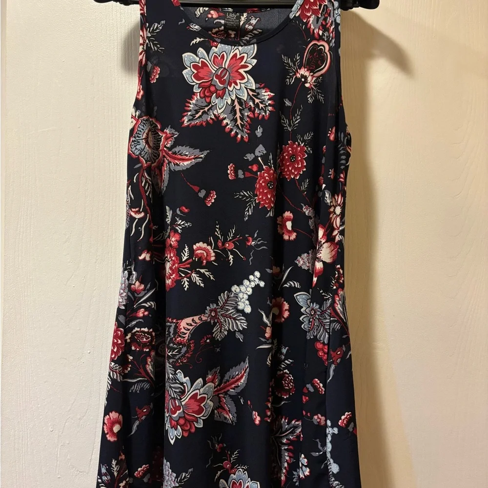 Sleeveless Floral Tunic Top - Navy with Red & Cream Floral - Picture 1 of 4